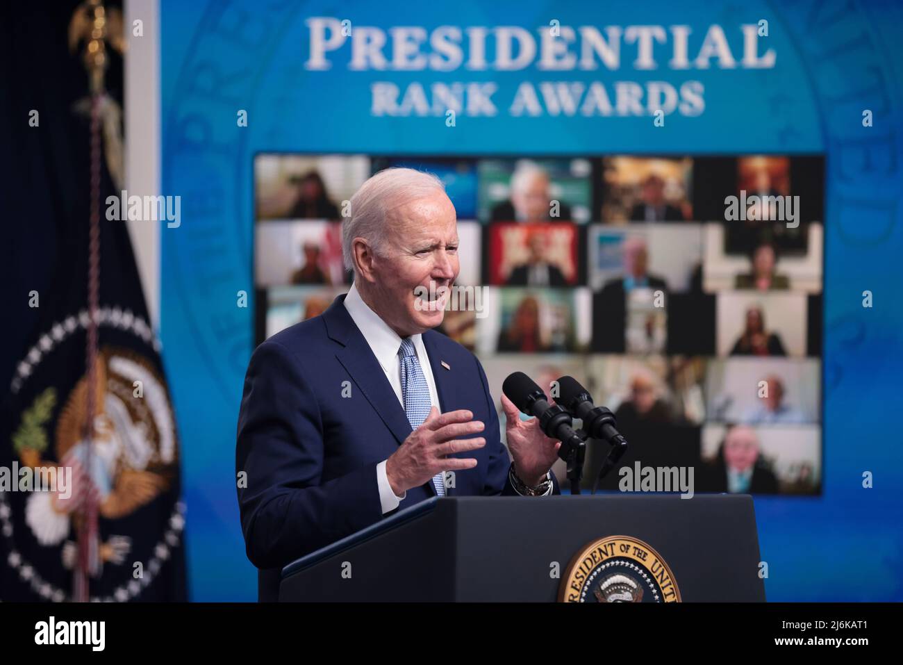 U.S. President Joe Biden speaks as he presents the Presidential Rank