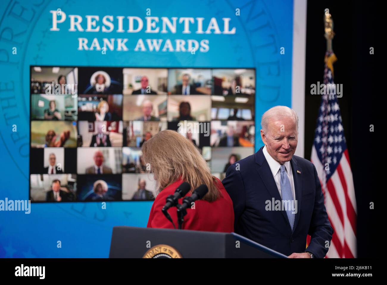 U.S. President Joe Biden walks to the podium speaks as he presents the