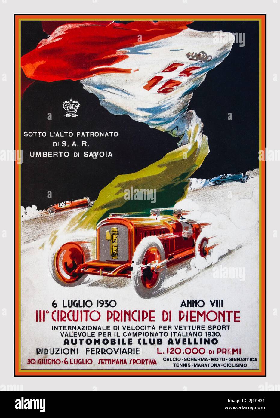 Vintage 1930s Motor Racing Poster Circuito Avellino poster. Race dated 6 July 1930 Circuito Principe Di Piemonte Motor Race Vintage 1930s Poster Automobile Club Avellino Italy Stock Photo