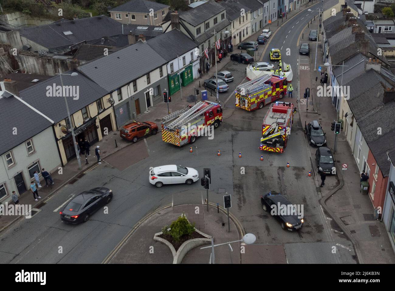 Cork, Ireland, 2nd May 2022. Pedestrian Knocked Down, Dublin Street, Blackpool, Cork, Ireland. PLEASE DO NOT ADD MY NAME TO THE CREDITS FOR THESE PHOTOS IF USED. Aerial photo of the sCork, Ireland, 2nd May 2022. Pedestrian Knocked Down, Dublin Street, Blackpool, Cork, Ireland. PLEASE DO NOT ADD MY NAME TO THE CREDITS FOR THESE PHOTOS IF USED. Aerial photo of the scene at the junction of Dublin Hill and Dublin Street. Shortly before 8 pm this evening three units of Cork City Fire Brigade attended the scene of a collision where it is believed a car reversed into a pedestrian. Stock Photo