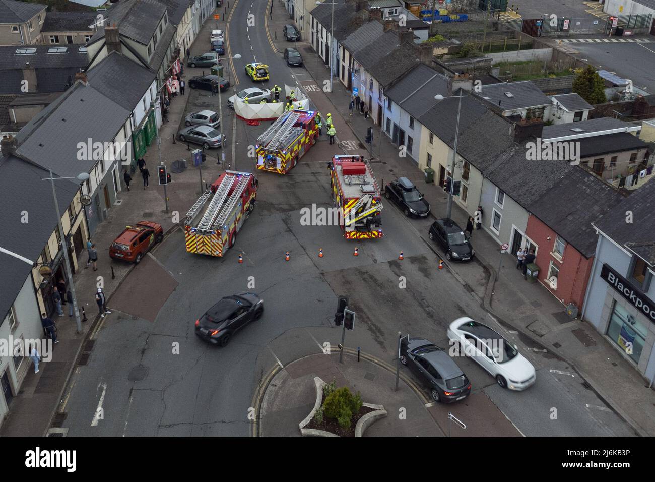 Cork, Ireland, 2nd May 2022. Pedestrian Knocked Down, Dublin Street, Blackpool, Cork, Ireland. PLEASE DO NOT ADD MY NAME TO THE CREDITS FOR THESE PHOTOS IF USED. Aerial photo of the sCork, Ireland, 2nd May 2022. Pedestrian Knocked Down, Dublin Street, Blackpool, Cork, Ireland. PLEASE DO NOT ADD MY NAME TO THE CREDITS FOR THESE PHOTOS IF USED. Aerial photo of the scene at the junction of Dublin Hill and Dublin Street. Shortly before 8 pm this evening three units of Cork City Fire Brigade attended the scene of a collision where it is believed a car reversed into a pedestrian. Stock Photo