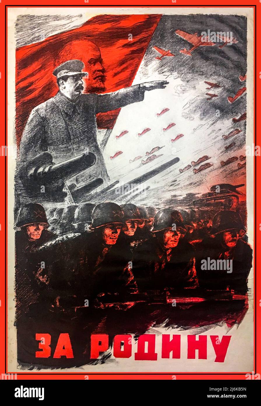 Stalin 1940s Russia WW2 Propaganda Poster with Joseph Stalin and Lenin on flag behind, urging his forces forward.  'For the Motherland' World War II Second World War Russia Soviet Union USSR Fighting Nazi  Germany aggression 1941 Stock Photo