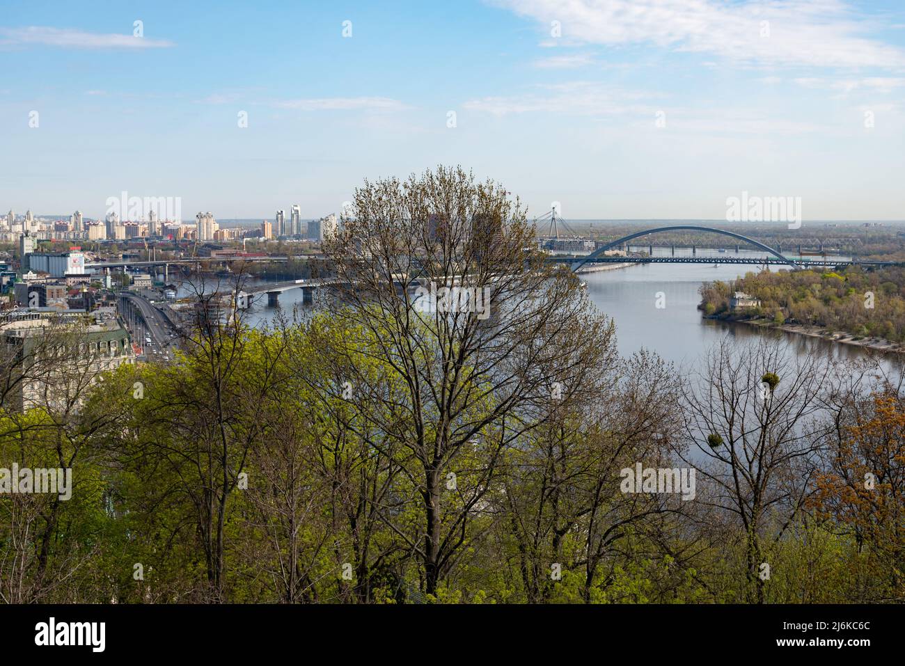 River Dnipro and Podil district Kyiv Ukraine springtime green trees Stock Photo