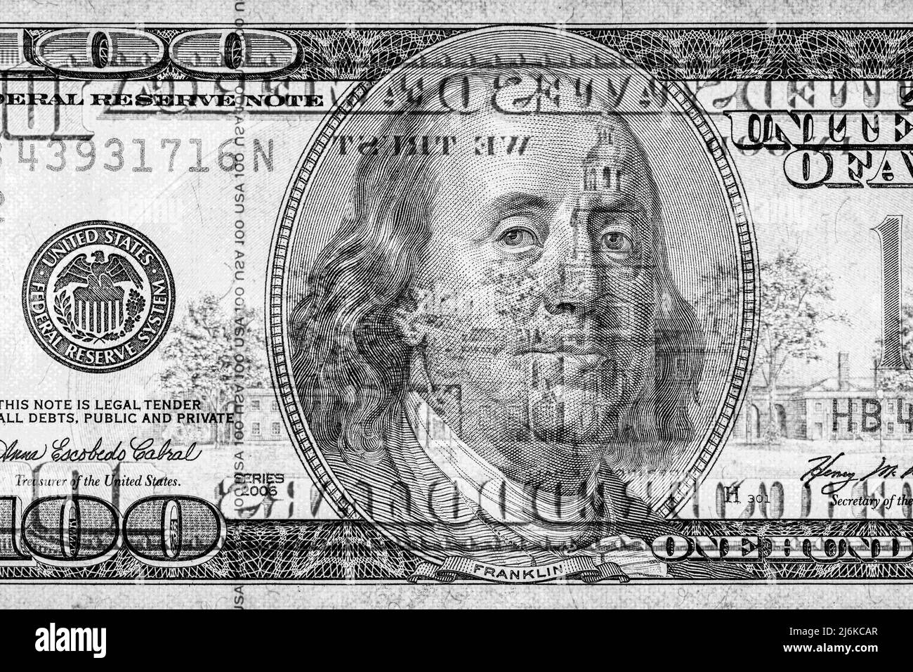 fragment of 100 dollar banknote with visible details of banknote reverse for design purpose Stock Photo