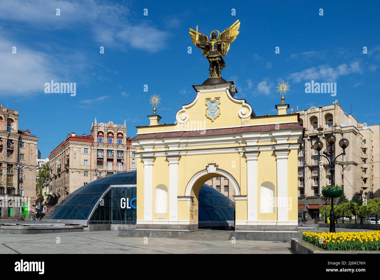 Lyadsky gate with monument to Archangel Michael springtime Stock Photo