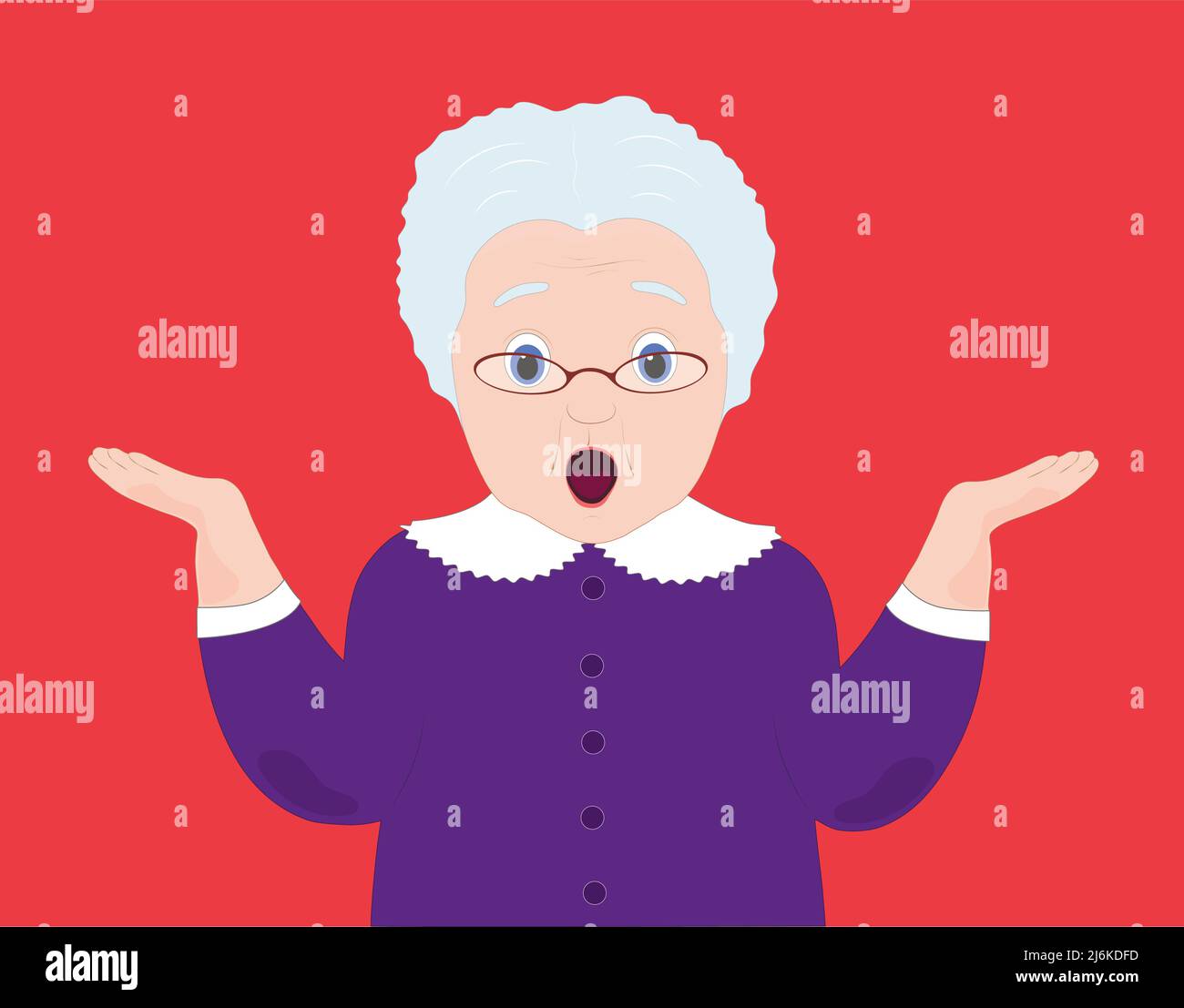 grandma makes a confused expression on her face. an elderly retired woman shrugs her shoulders in confusion, vector Stock Vector