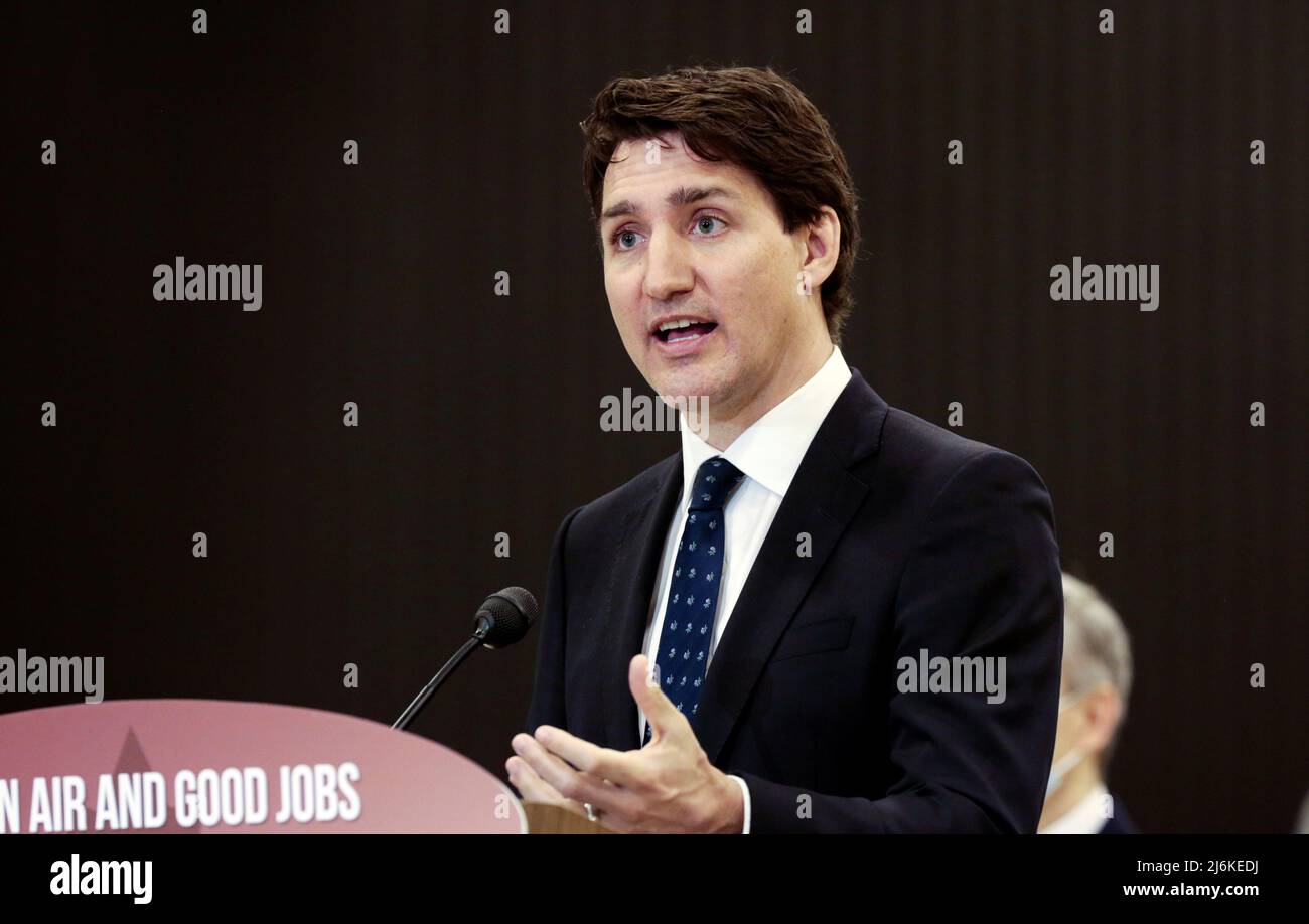 Canadian Prime Minister Justin Trudeau speaks at the Stellantis Automotive Research and Development Centre in Windsor, Ontario, Canada May 2, 2022. REUTERS/Rebecca Cook Stock Photo