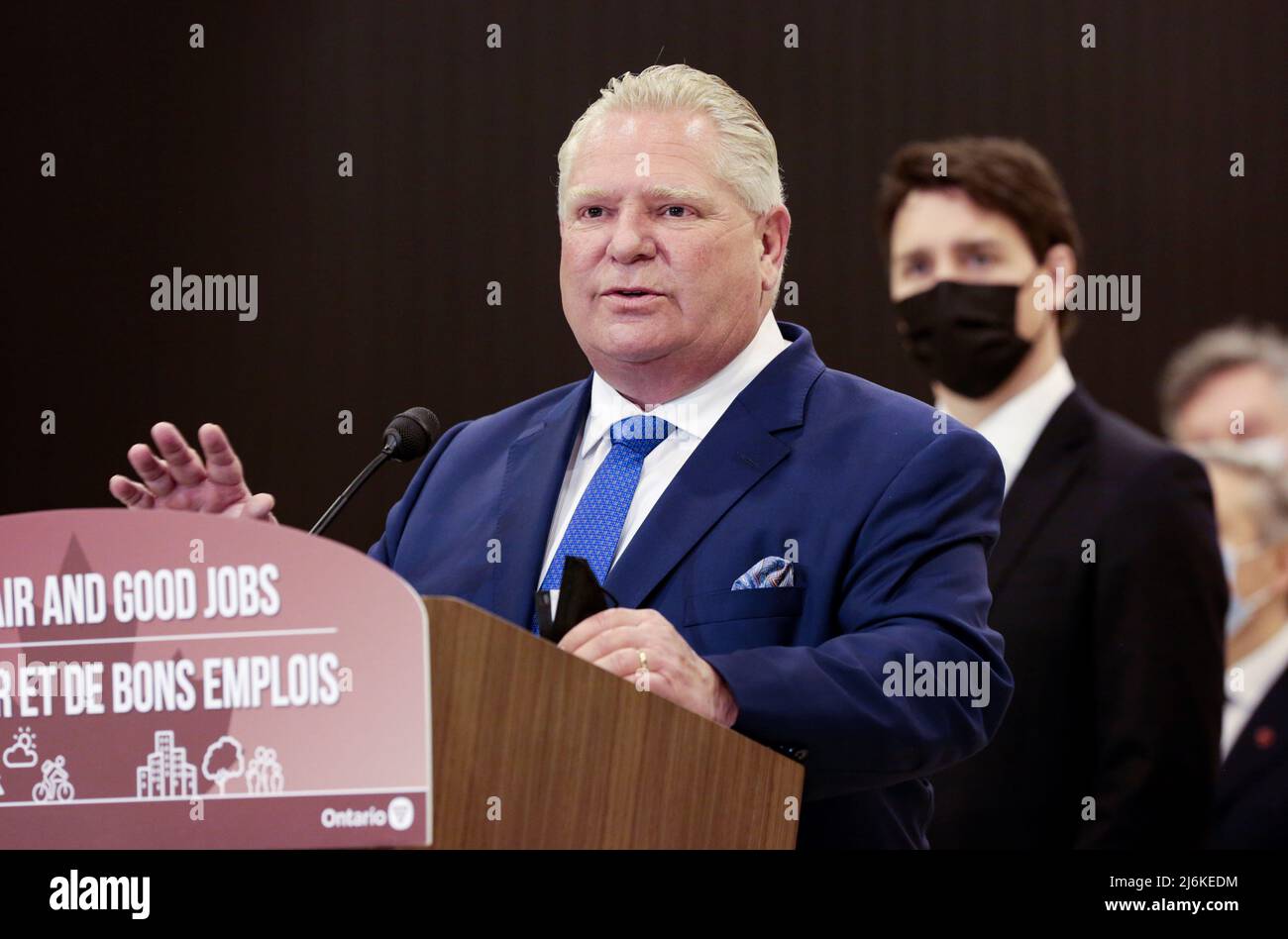 Ontario Premier Doug Ford speaks at the Stellantis Automotive Research and Development Centre in Windsor, Ontario, Canada May 2, 2022. REUTERS/Rebecca Cook Stock Photo