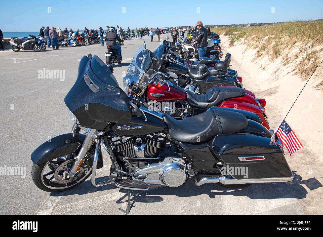 Blessing of the Bikes - West Dennis Beach (Cape Cod). A row of bikes. A Blue Knights event Stock Photo