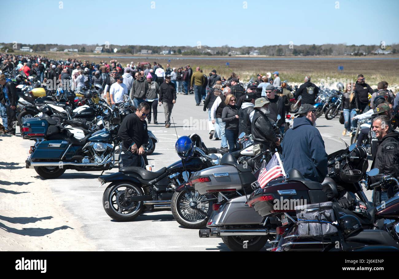 Blessing of the Bikes - West Dennis Beach (Cape Cod). Bikes lined up and waiting Stock Photo