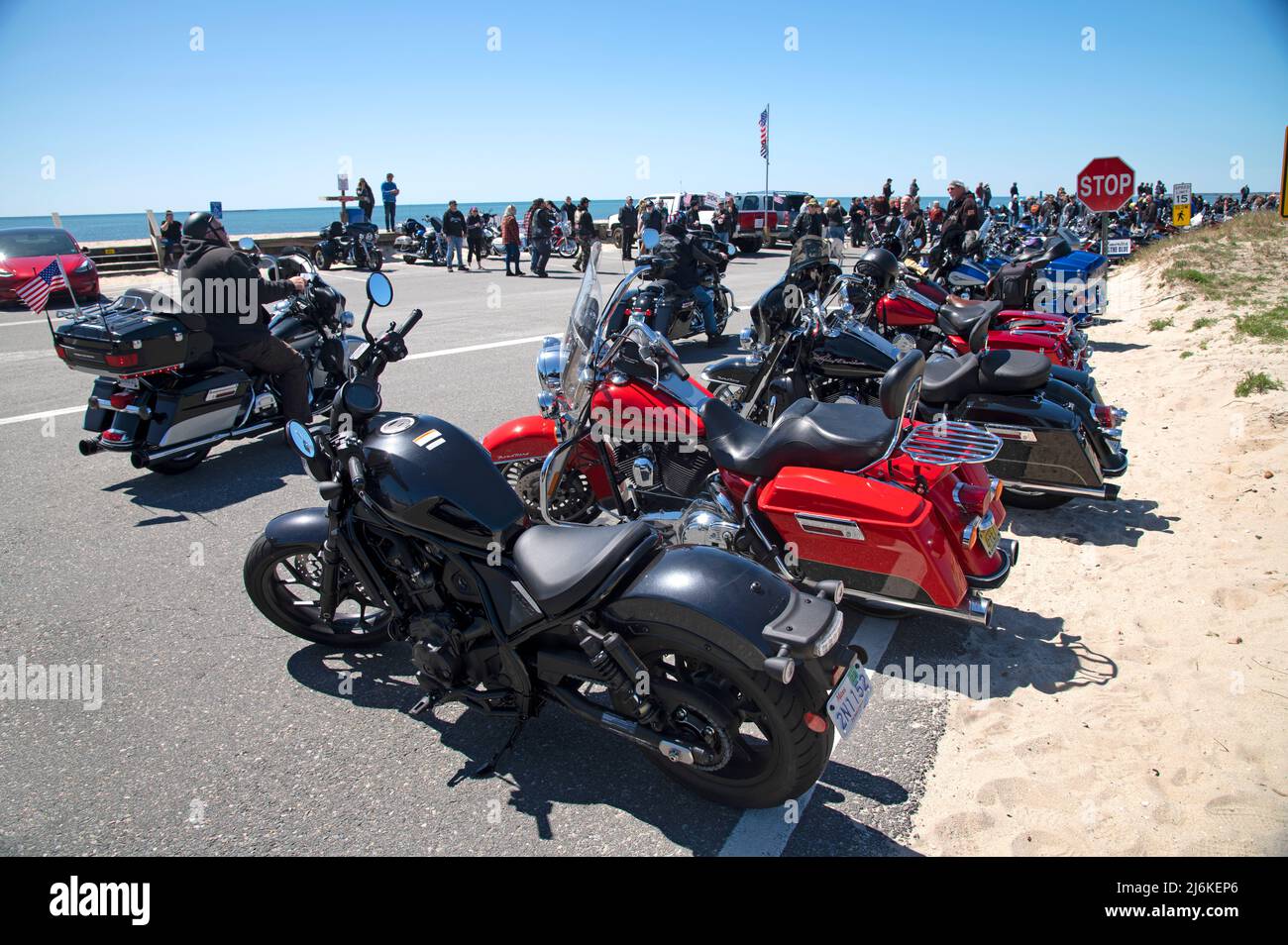Blessing of the Bikes West Dennis Beach (Cape Cod). Bikes lined up