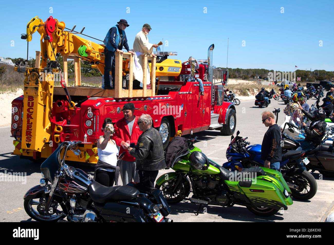 Blessing of the Bikes - West Dennis Beach (Cape Cod). Sponsored by the Blue Knights of Massachusetts Stock Photo