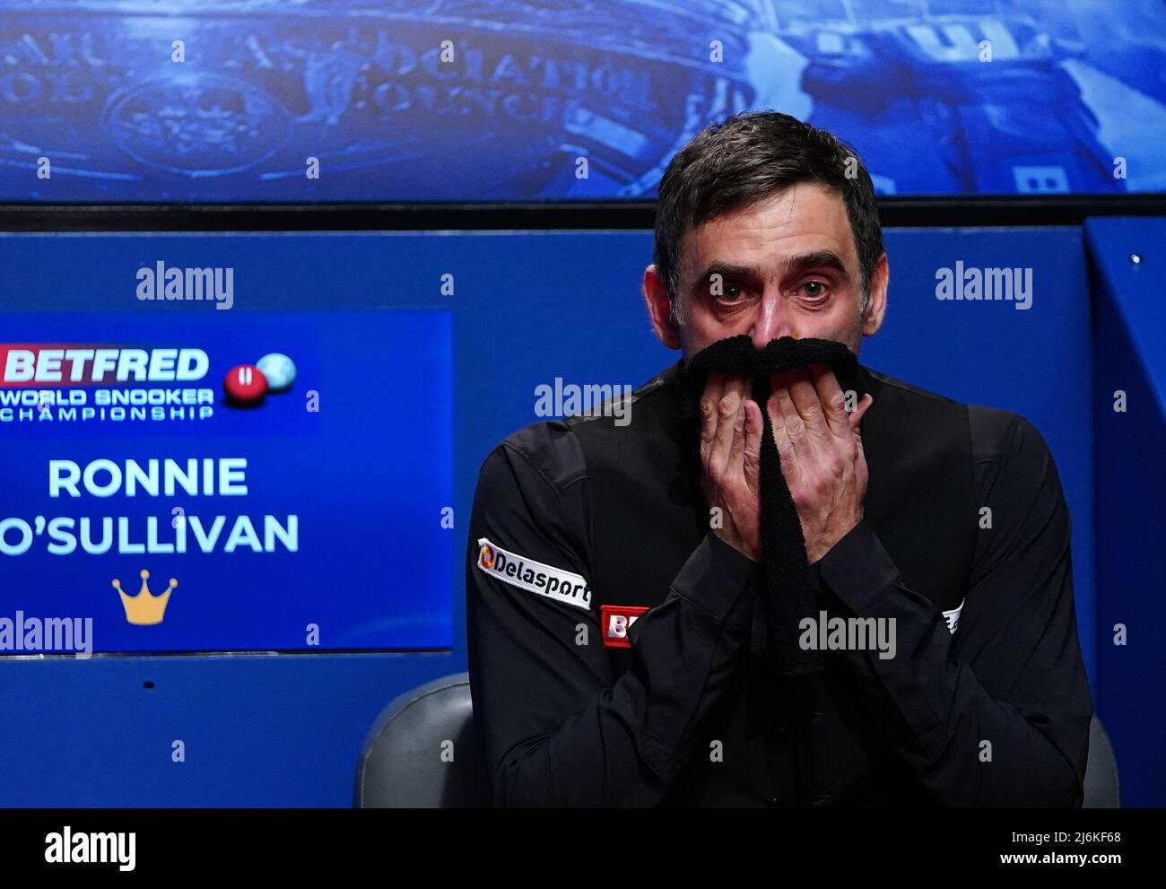 Ronnie O'Sullivan reacts after winning during day seventeen of the Betfred  World Snooker Championship at The Crucible, Sheffield. O'Sullivan has  attained a record-equalling seventh world title. Picture date: Monday May  2, 2022