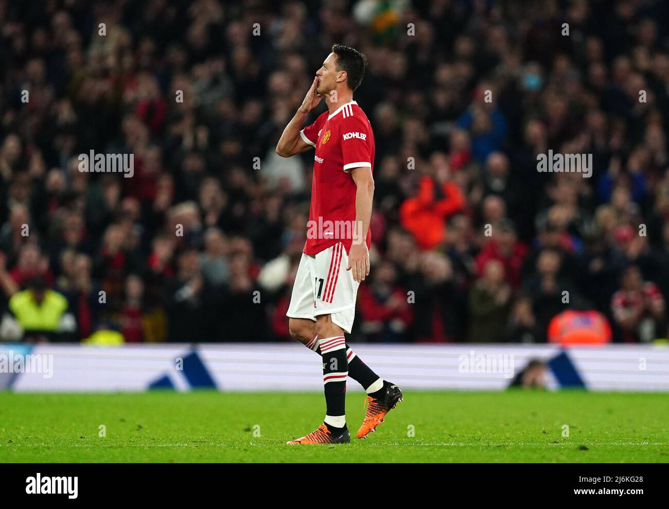Manchester United's Nemanja Matic salutes fans as he leaves the field of play during the Premier League match at Old Trafford, Manchester. Picture date: Monday May 2, 2022. Stock Photo