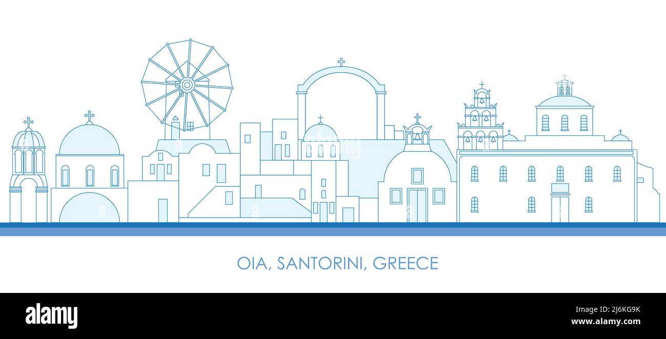 Outline Skyline panorama of village of Oia, Santorini, Cyclades Islands, Greece - vector illustration Stock Vector