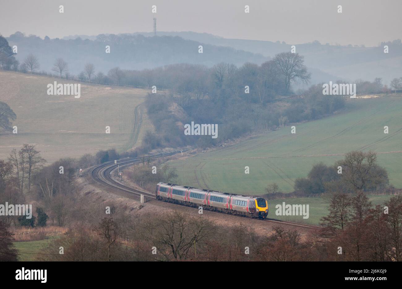 Crosscountry Trains Bombardier class 221 voyager train 221133 passing  Wingfield Park on the midland mainline in Derbyshire Stock Photo