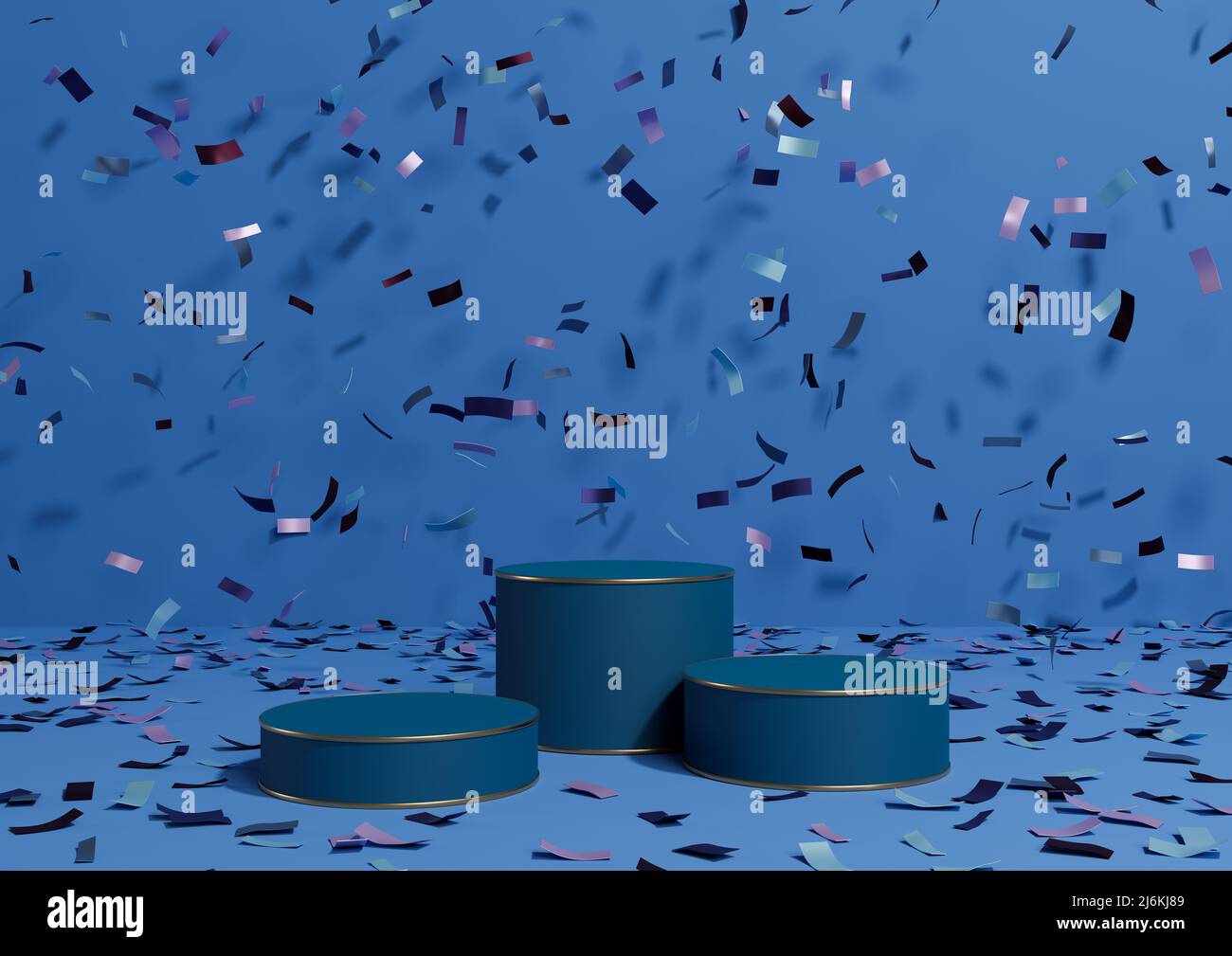 Bright, dark, pastel blue 3D rendering product display three podiums ...