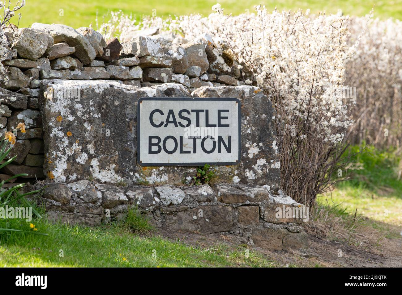 Castle Bolton sign, Nr Leyburn, North Yorkshire, England, UK Stock Photo