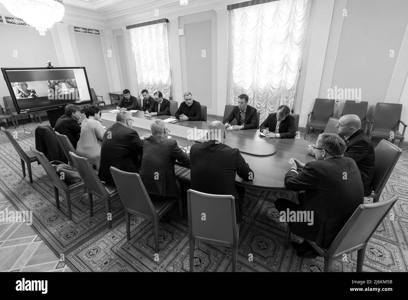 The Deputy Head of the Office of the President of Ukraine Ihor Zhovkva held a working meeting with representatives of the European Union member states who have resumed their diplomatic presence in Kyiv. Among them are the Ambassadors of Spain, Italy, Latvia, Lithuania, Germany, Slovakia, as well as Chargé d'Affaires of Estonia, Poland, Slovenia, France and the Czech Republic in Ukraine.  Ihor Zhovkva thanked the heads of diplomatic missions of the European Union who returned to Kyiv to fulfill their duties. PHOTO: Ukraine Presidents Office Stock Photo