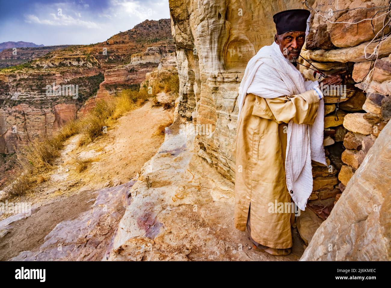Monk at Daniel Korkor monolithic church in Tigray, Ethiopia Stock Photo