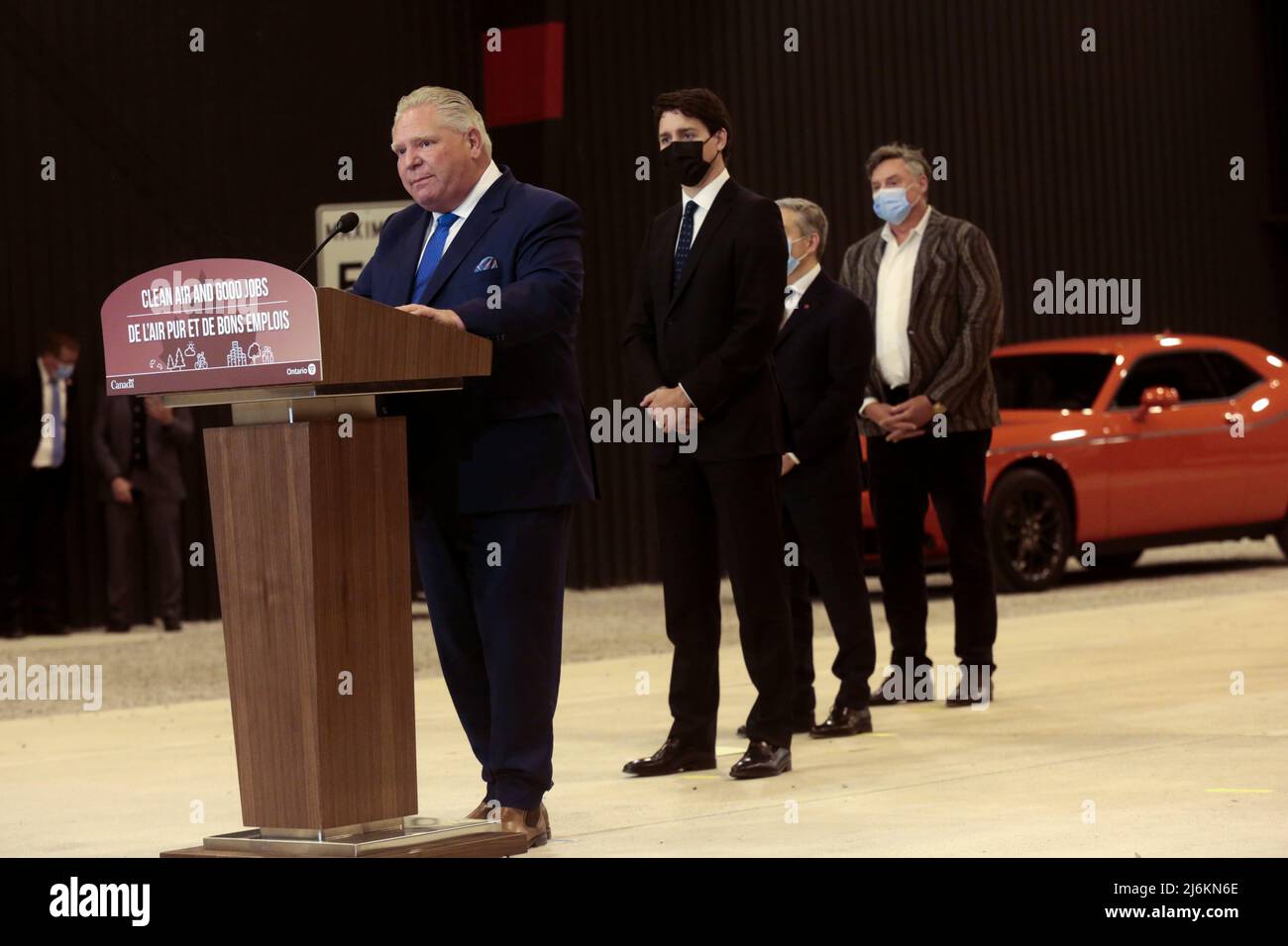 Ontario's Premier Doug Ford and Canada's Prime Minister Justin Trudeau answer questions from the media at the Stellantis Research and Development Centre in Windsor, Ontario, Canada May 2, 2022.  REUTERS/Rebecca Cook Stock Photo