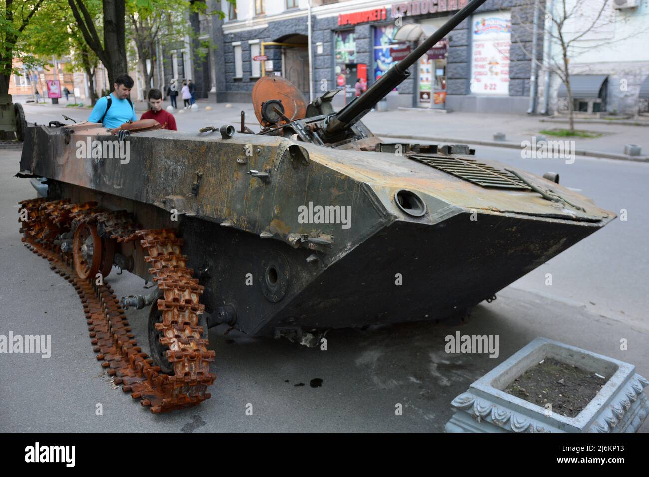 Kyiv region, Ukraine - 02 May 2022, The destroyed Russian tank parked on the roadside, it was destroyed by the Ukrainian military in the Kiev region. Russia invaded Ukraine on 24 February 2022, triggering the largest military attack in Europe since World War II. Stock Photo