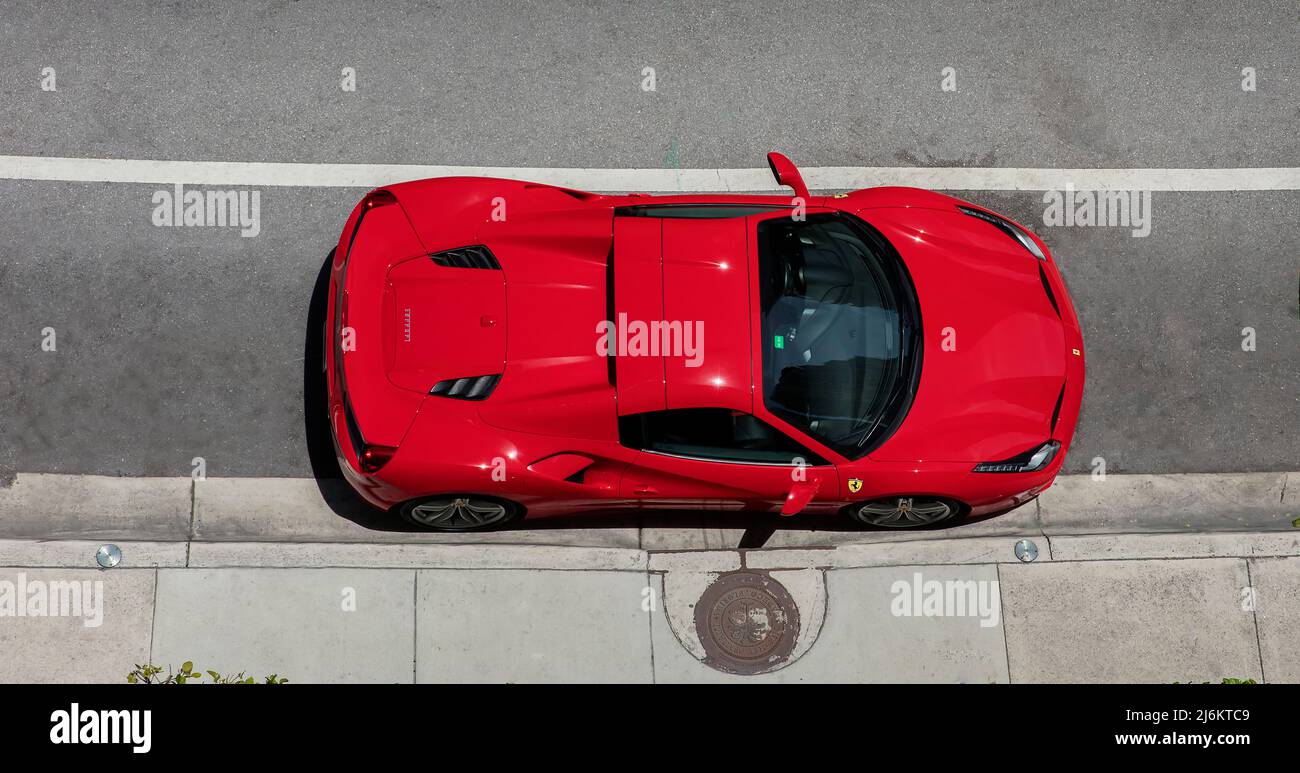 Red ferrari car viewed from above Stock Photo