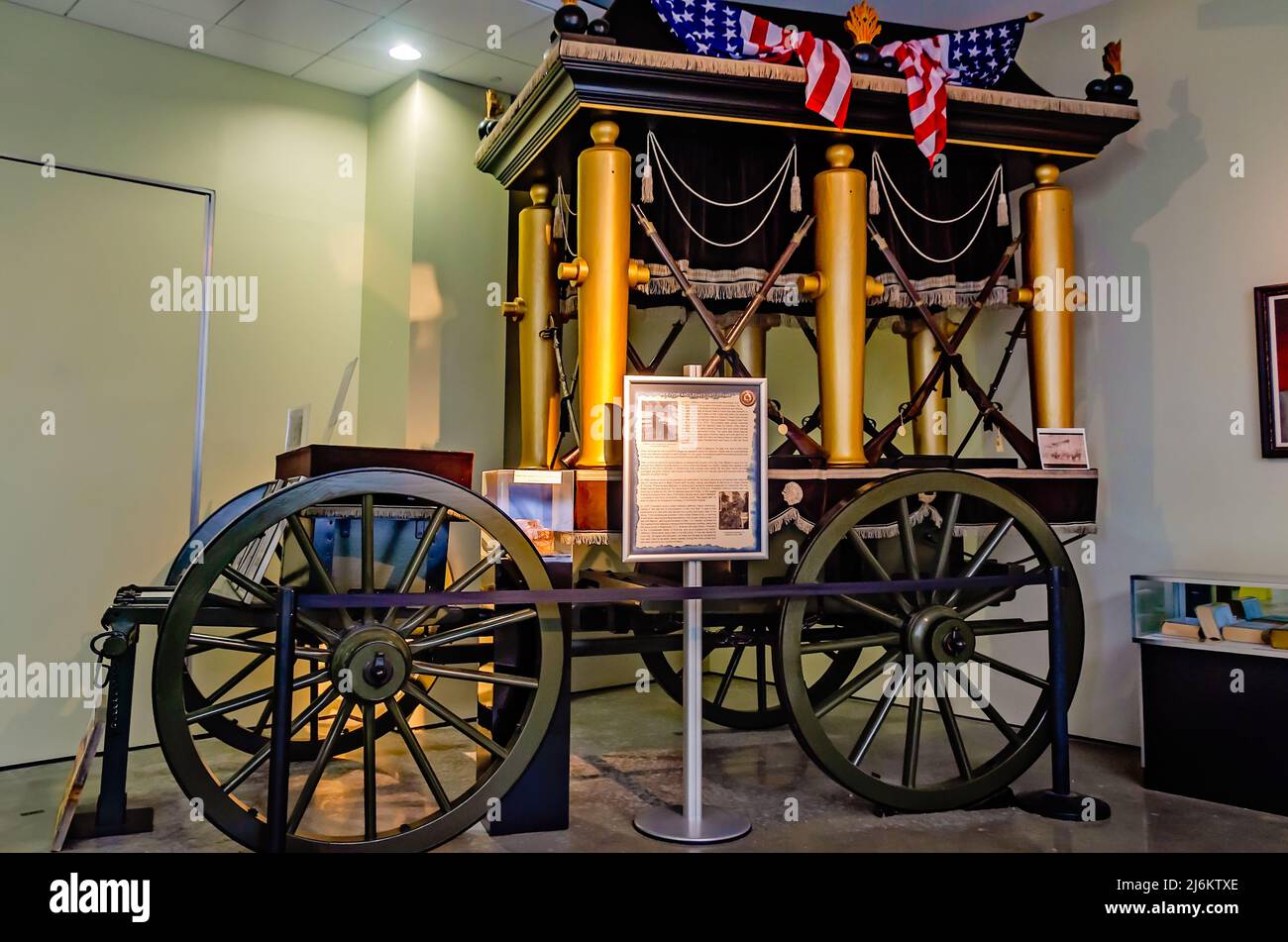 The catafalque, a funeral carriage used for Confederate President Jefferson Davis, is displayed at the Jefferson Davis Presidential Library in Biloxi. Stock Photo