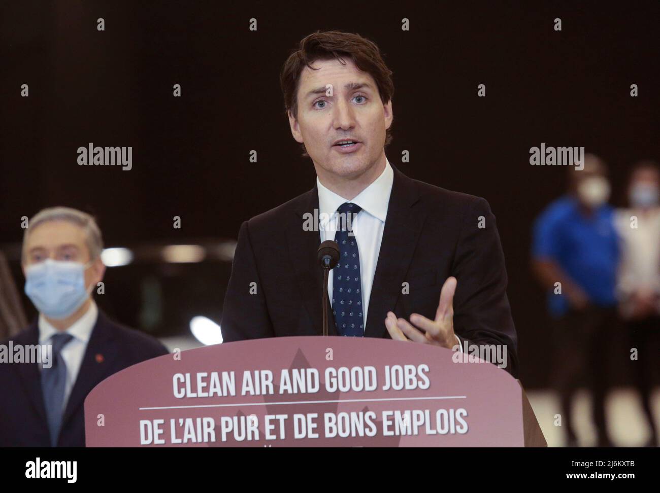 Canada’s Prime Minister Justin Trudeau speaks at the Stellantis Research and Development Centre in Windsor, Ontario, Canada May 2, 2022.  REUTERS/Rebecca Cook Stock Photo
