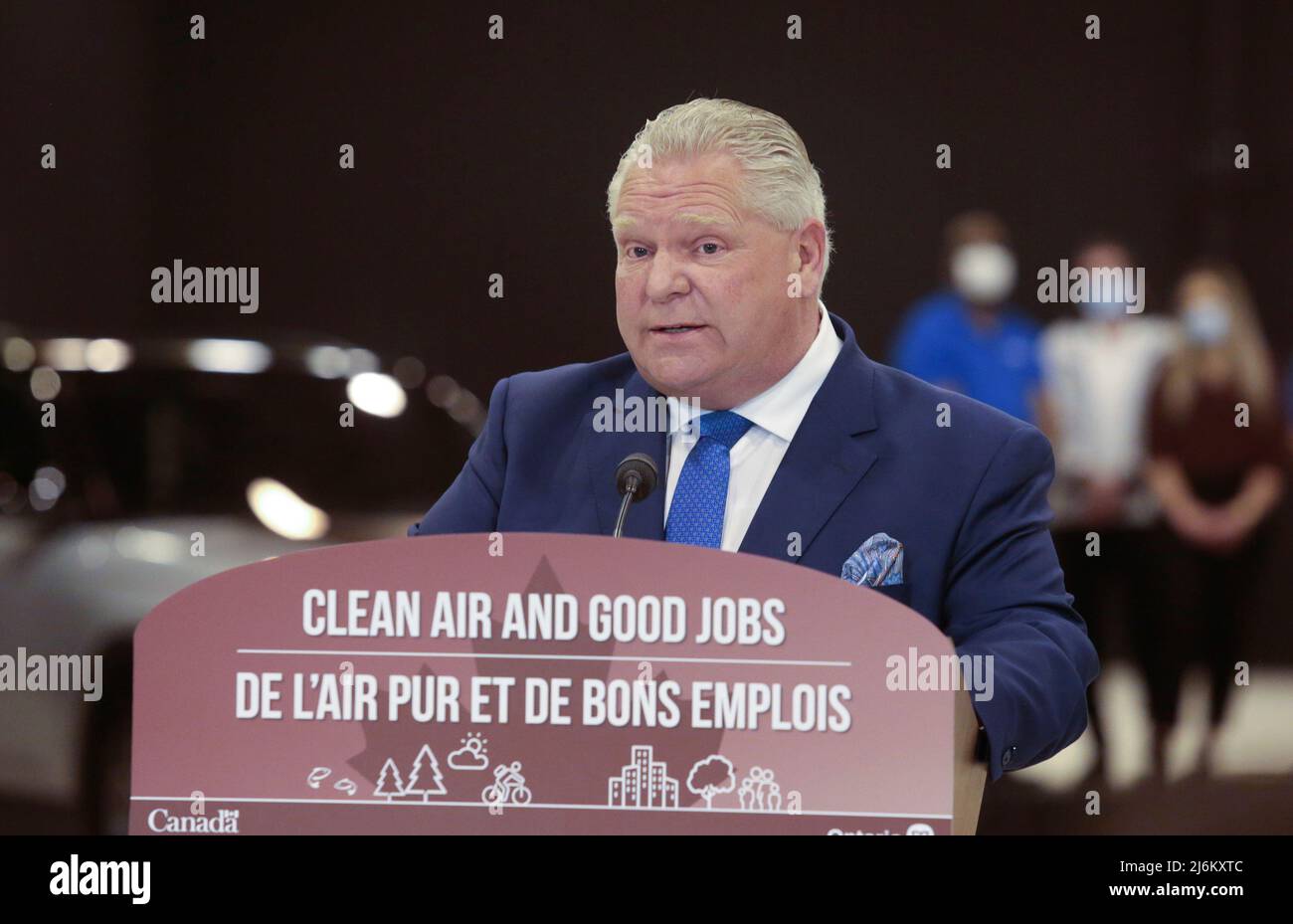Ontario’s Premier Doug Ford speaks at the Stellantis Research and Development Centre in Windsor, Ontario, Canada May 2, 2022.  REUTERS/Rebecca Cook Stock Photo