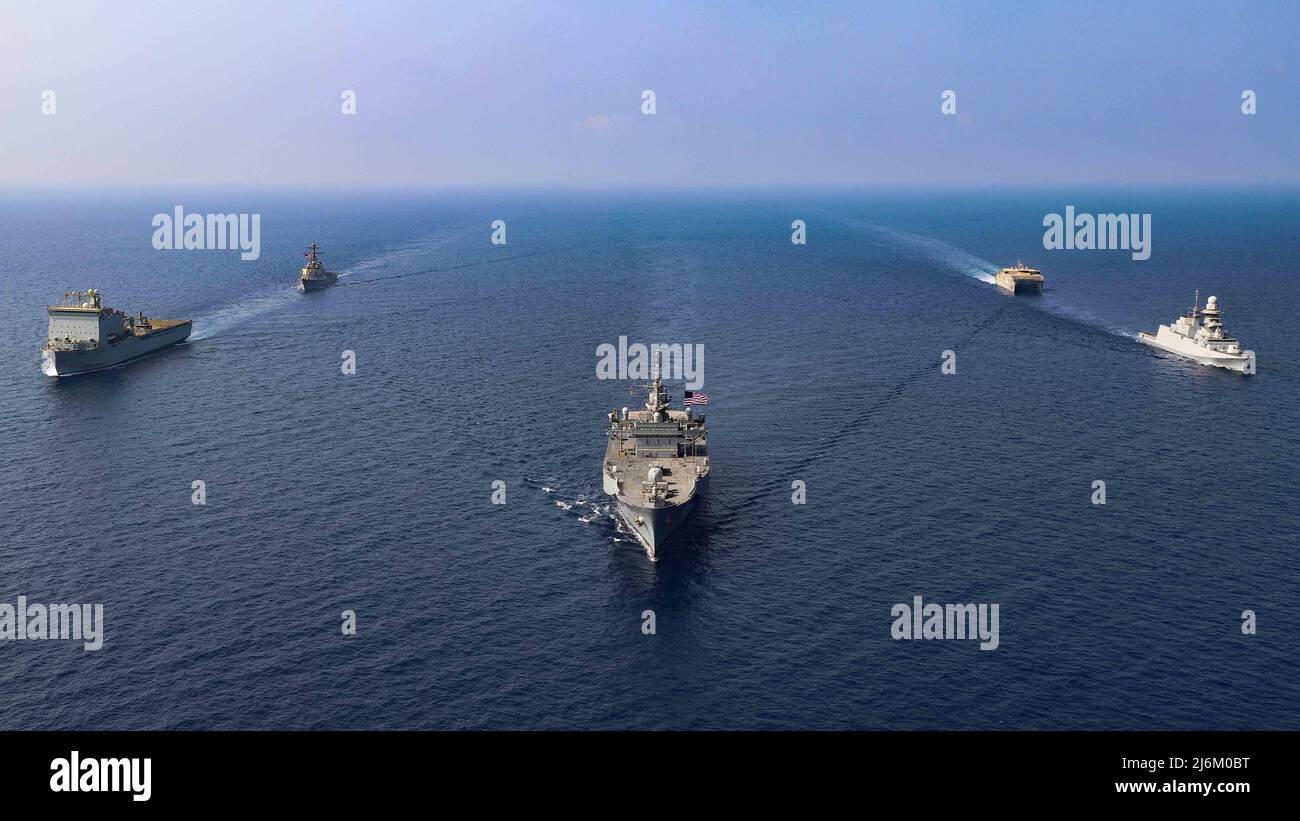 Whitney (LCC 20), Italian Navy frigate Carlo Bergamini (F 590), guided-missile destroyer USS Gonzalez (DDG 66), expeditionary fast transport ship USNS Choctaw County (T-EPF 2) and British Royal Fleet Auxiliary RFA Lyme Bay (L 3007) sail in formation in the Gulf of Aden, May 1. Carlo Bergamini, the flagship for the European Union Naval Force's Combined Task Force (CTF) 465, operated in cooperation with the other vessels of CTF 153, a Combined Maritime Forces task force focused on maritime security and capacity building in the Red Sea, Bab al-Mandeb and Gulf of Aden. (U.S. Navy photo by Naval Ai Stock Photo