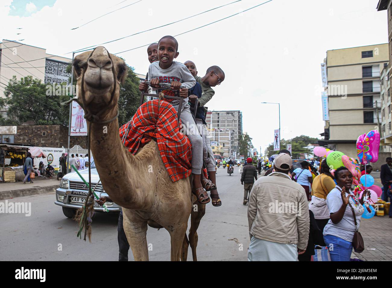 Kenyan Somali children enjoy a Carmel ride along Muratina road during Eid-Ul-Fitr celebrations in Eastleigh. Muslims in Kenya celebrate Eid-Ul-Fitr which marks the end of the Holy month of Ramadhan. Stock Photo