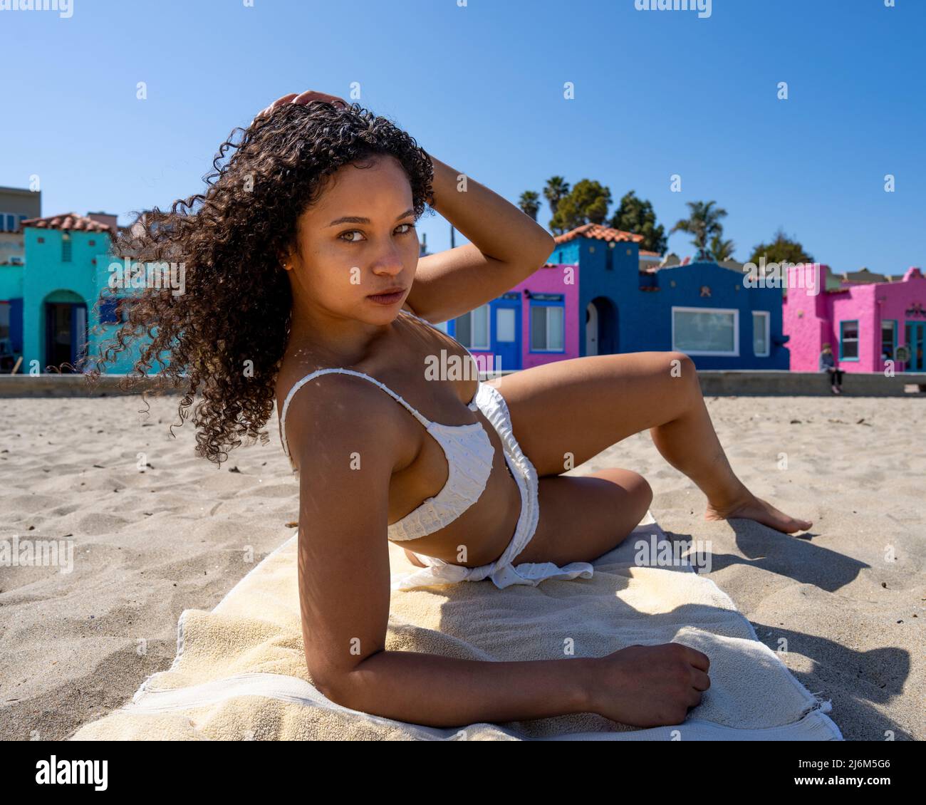 Young Woman in White Bikini Laying on the Sand at Capitola Beach Stock  Photo - Alamy