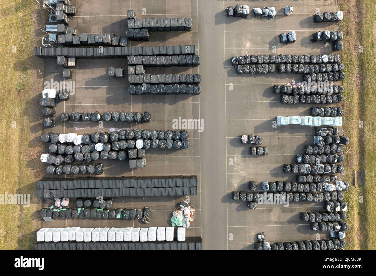 Aerial view of goods storage on warehouse yard and logistics center in ...