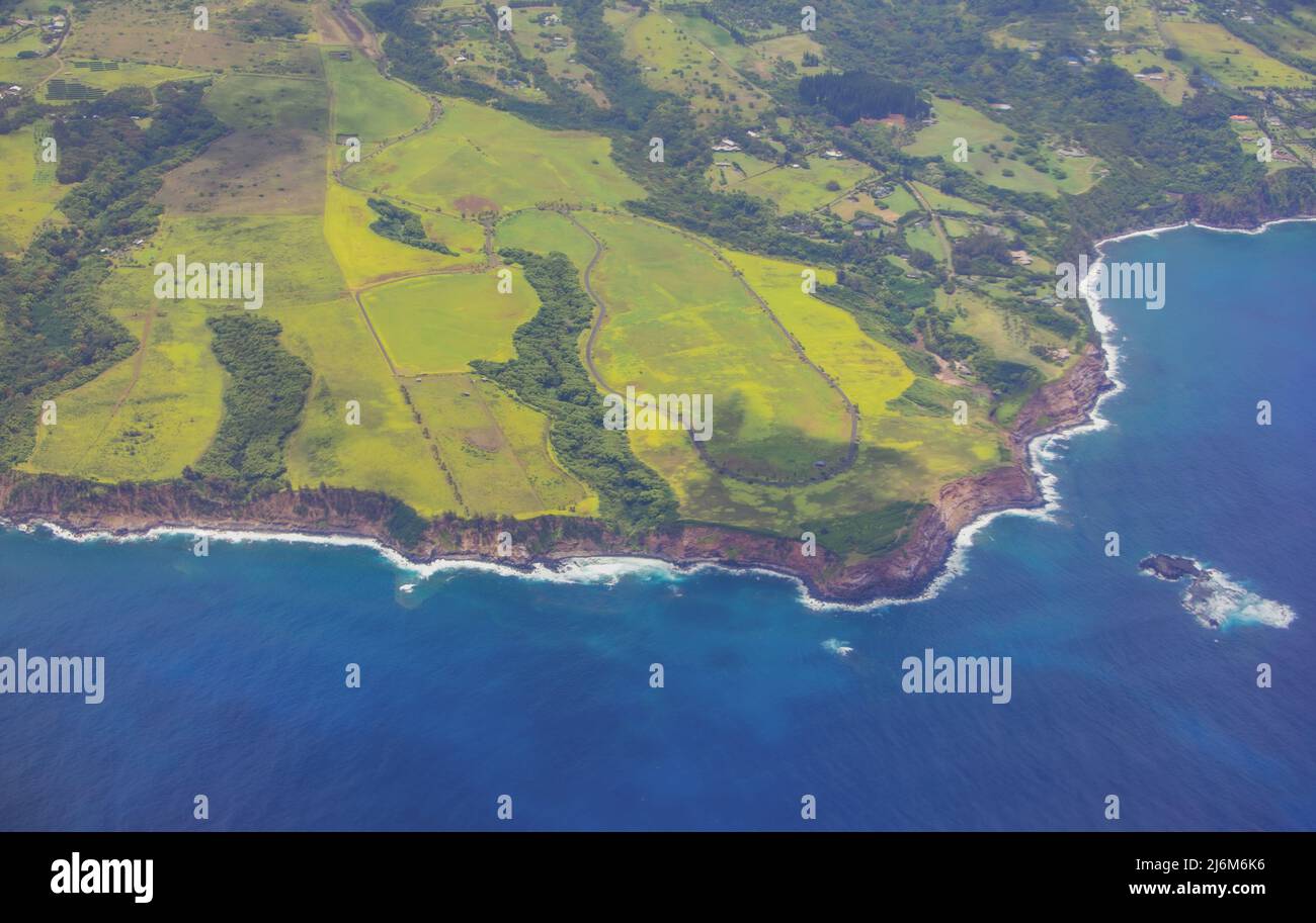 Aerial view over the ocean on west coast of Maui, Hawaii. Stock Photo
