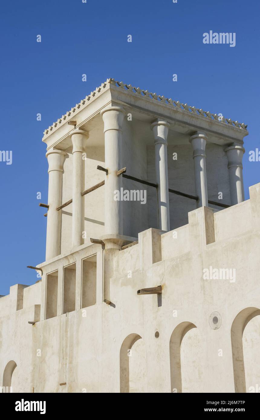 A wind tower in the city of Sharjah's restored Heritage Area in the United Arab Emirates. Stock Photo
