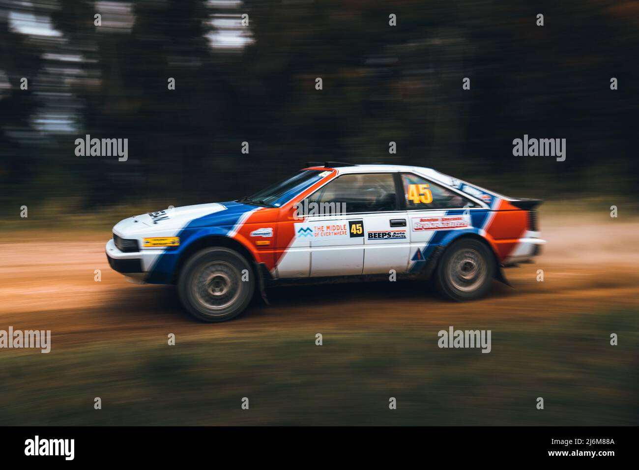 The #45 car being driven by Brian Semmens with navigator Daniel Parry flying through SS3 in the 2021 Gippsland Rally in Heyfield, Victoria, Australia. Stock Photo