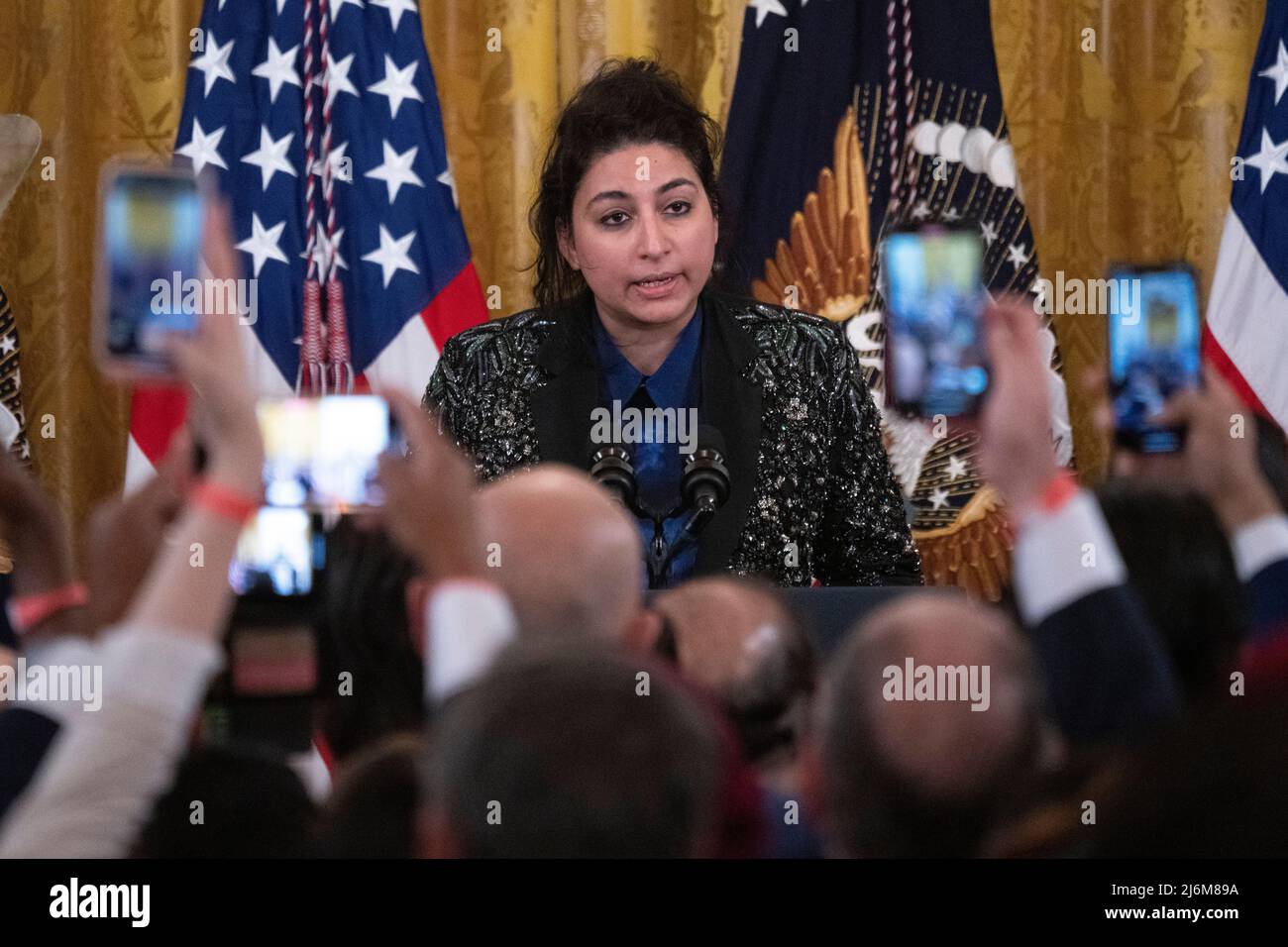 Pakistani vocalist and composer Arooj Aftab reads a poem during a ...