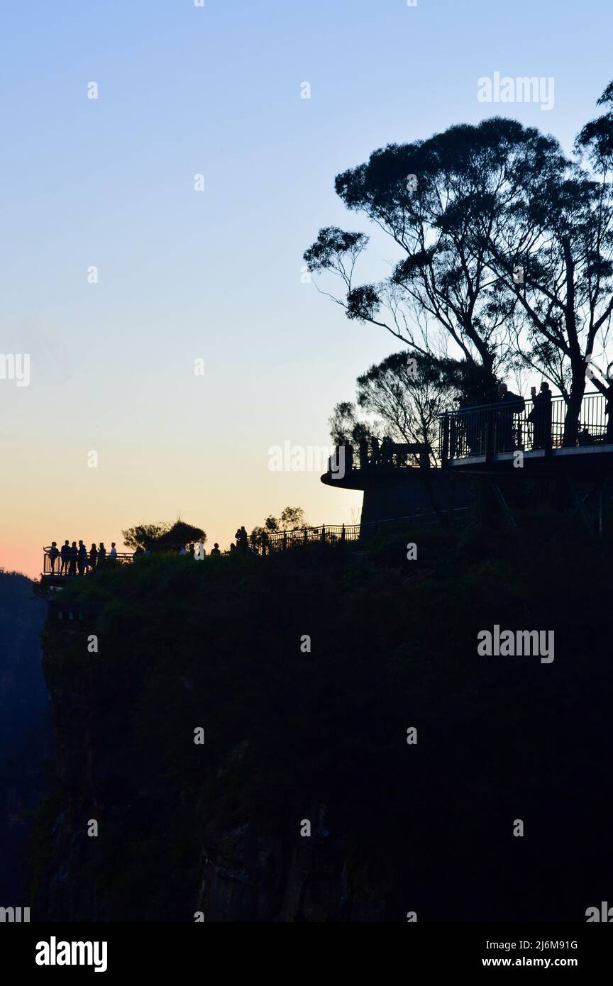 Tourists enjoying the view at Echo Point in the Blue Mountains of Australia Stock Photo