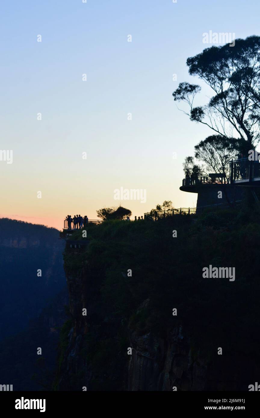 Tourists enjoying the view at Echo Point in the Blue Mountains of Australia Stock Photo