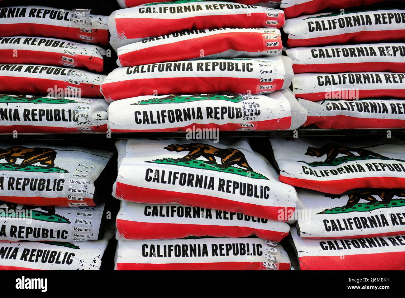 California Republic sweatshirts; giftshop items for visitors and tourists to the state of California, USA; gift store mementos and souvenirs. Stock Photo