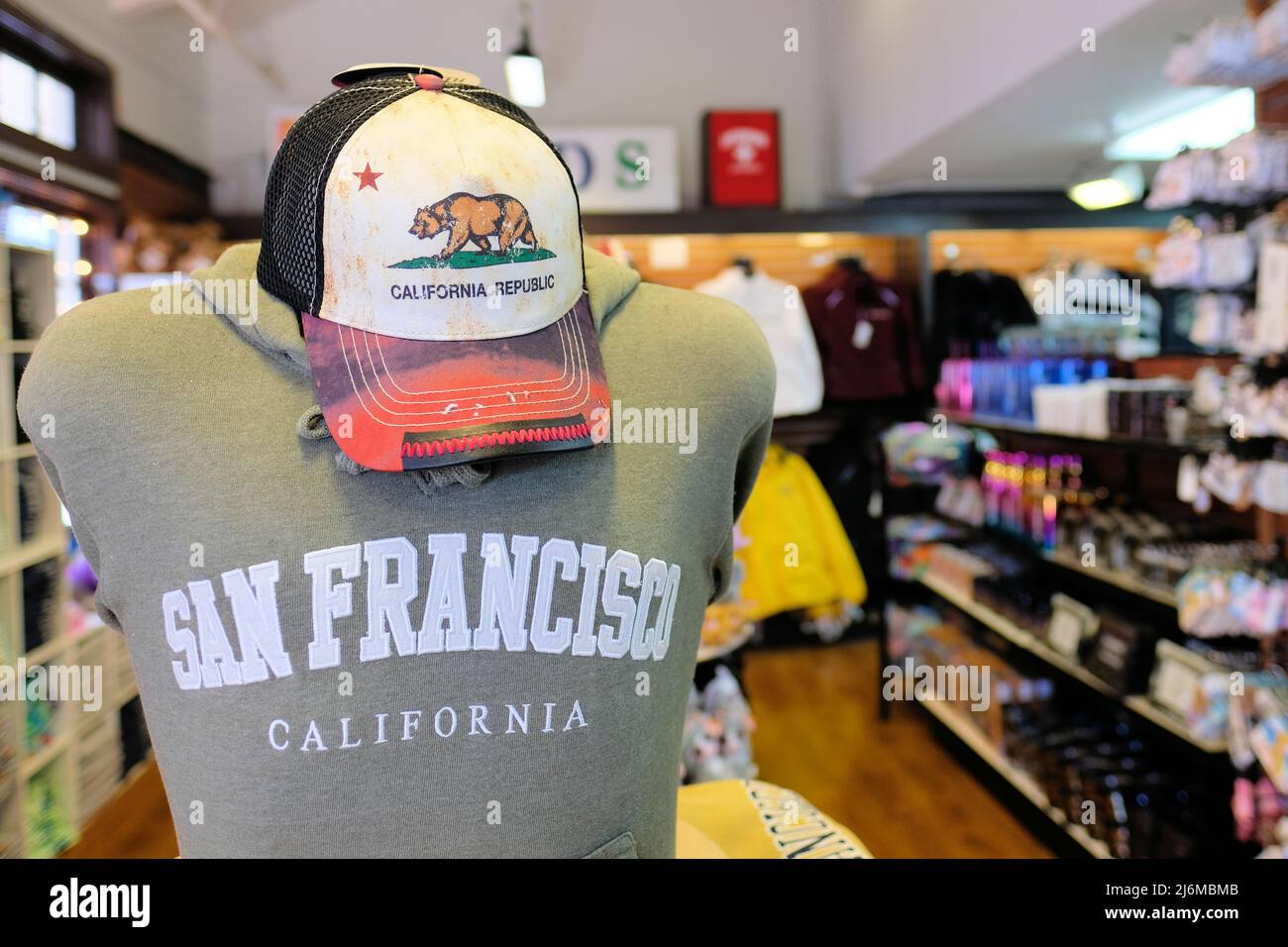 California Republic cap and San Francisco t-shirt; giftshop items for Bay Area visitors and tourists; gift store mementos and souvenirs. Stock Photo