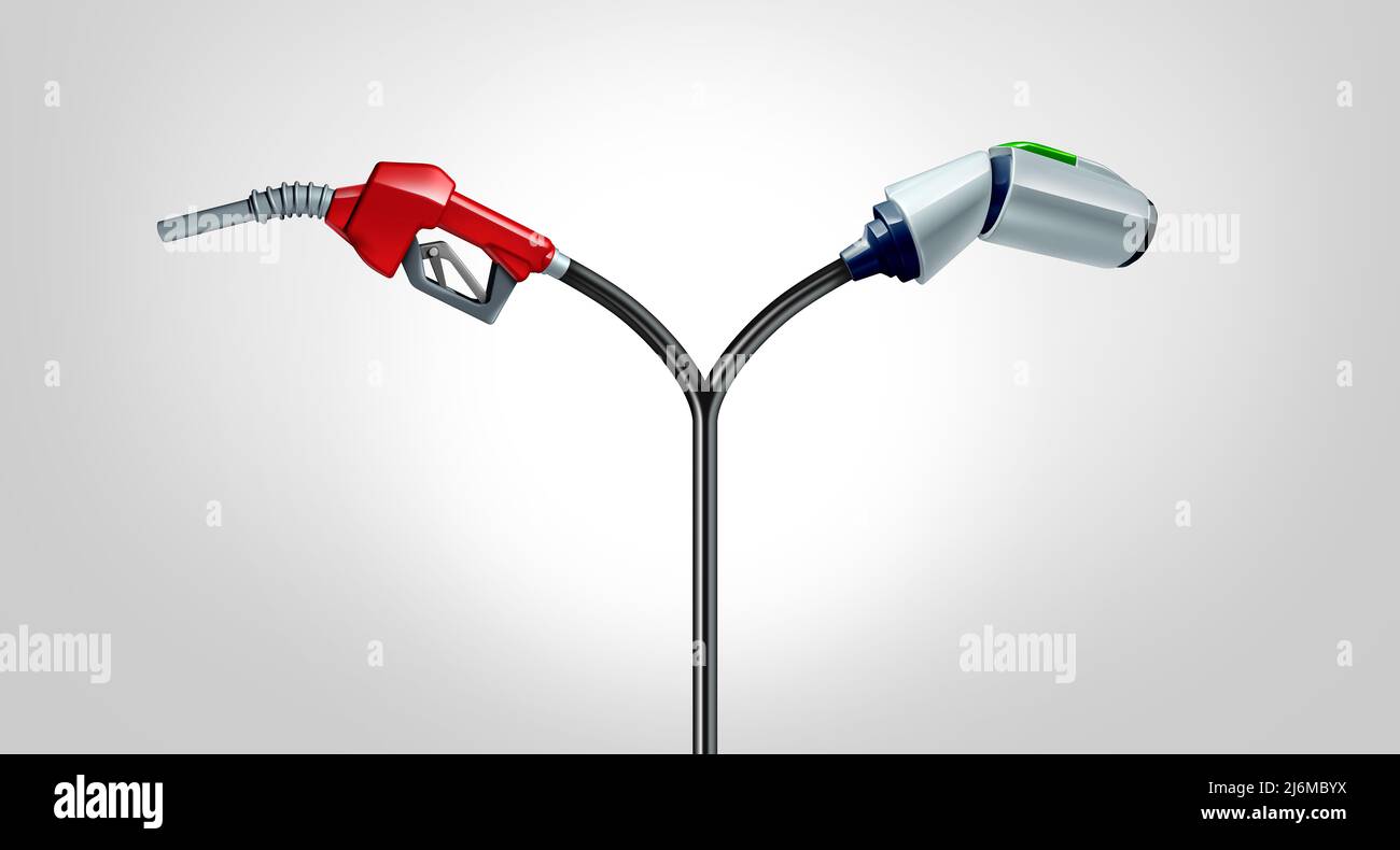 Energy choice concept as EV or electric vehicle battery technology and traditional fossil fuel gas pump as transportation fueling decisions. Stock Photo