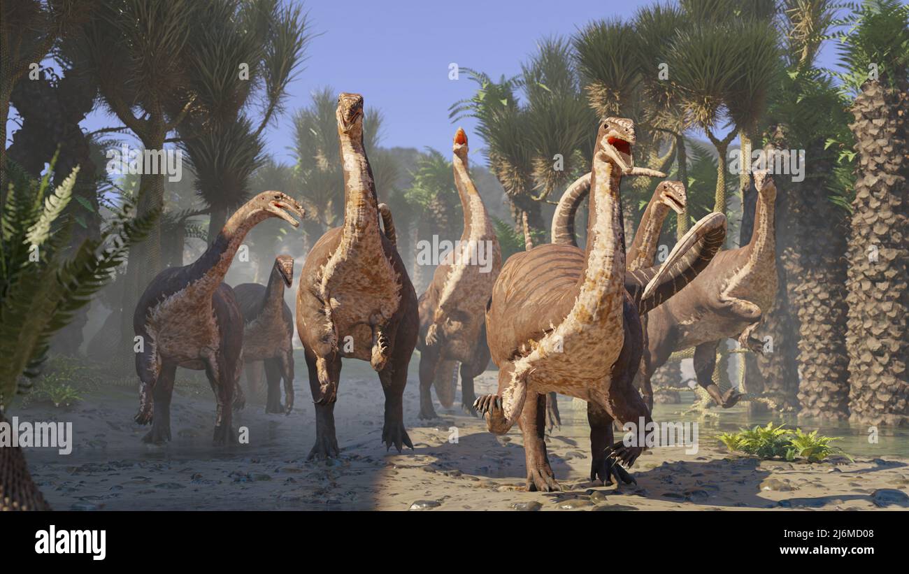 Plateosaurus herd, dinosaurs from the Late Triassic period walking in a tree fern forest Stock Photo