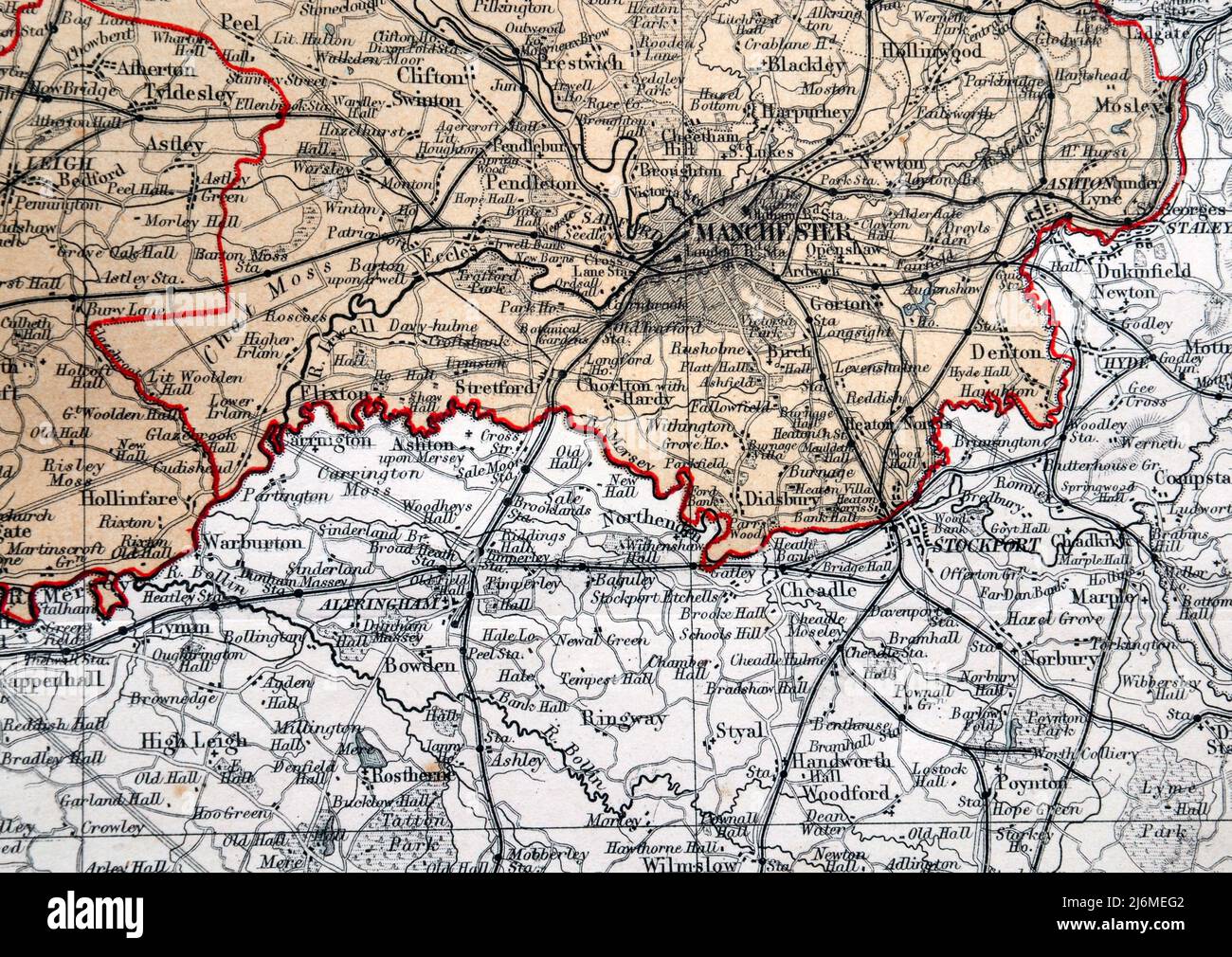 Detail from an 1868 Map of the County Palatine of Lancaster, so Lancashire as it was then, From the Ordnance Survey by J. Bartholomew F.R.G.S.; this section showing Manchester to the North, including Blackley, Didsbury, Gorton, Leigh, Clifton, Denton, Ashton under Lyne (all then in Lancashire), with Cheshire to the South, including  Altrincham, Stockport, Lymm, Cheadle, Stock Photo