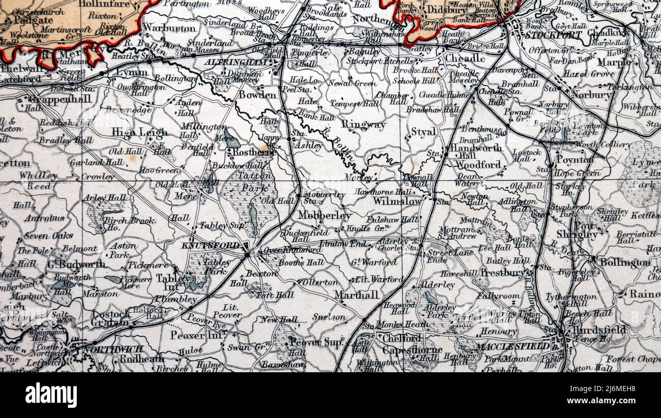 Detail from an 1868 Map of the County Palatine of Lancaster, so Lancashire as it was then, From the Ordnance Survey by J. Bartholomew F.R.G.S.; this section showing mainly Cheshire, including Macclesfield, Altrincham, Knutsford, Poynton, Cheadle, Stock Photo