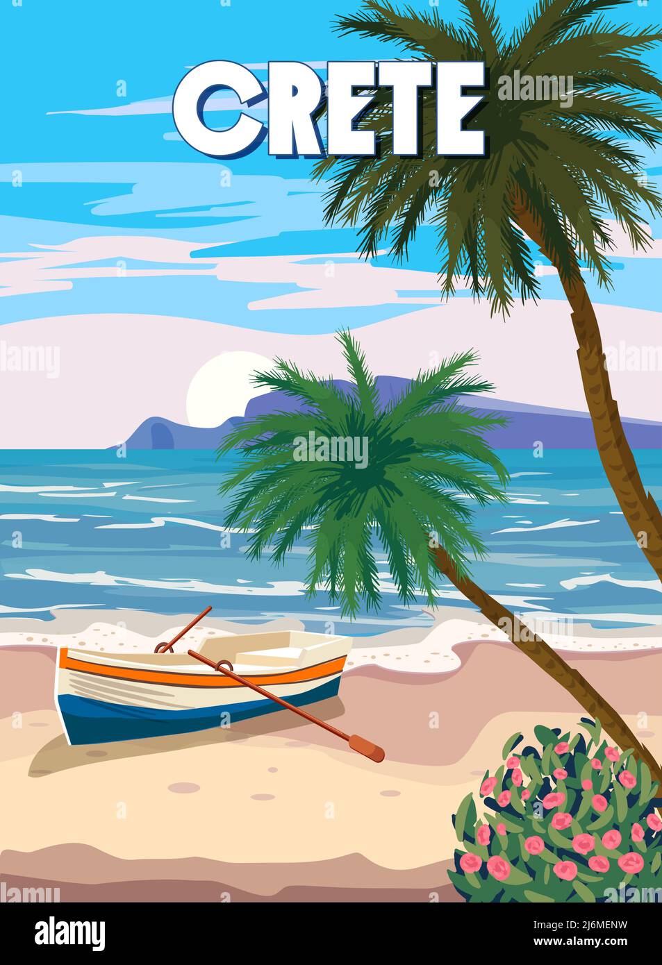 Crete Poster Travel, Greek seascape, beach, palms, boat, poster, Mediterranean landscape. Vintage style Stock Vector