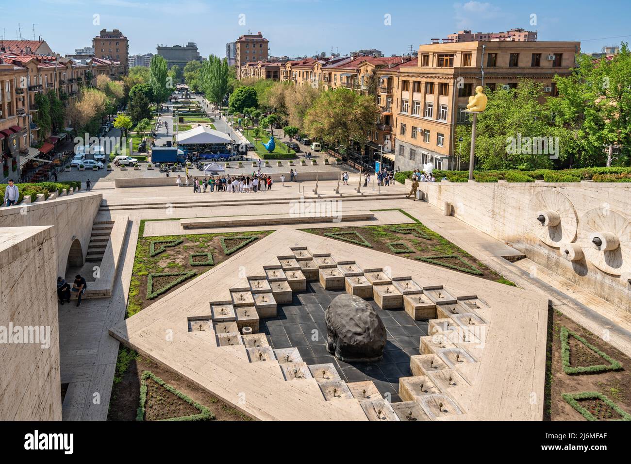 Yerevan, Armenia - April 30, 2022 - Yerevan city aerial view seen from the top of Casecade Complex in Yerevan, Armenia on a bright sunny day Stock Photo