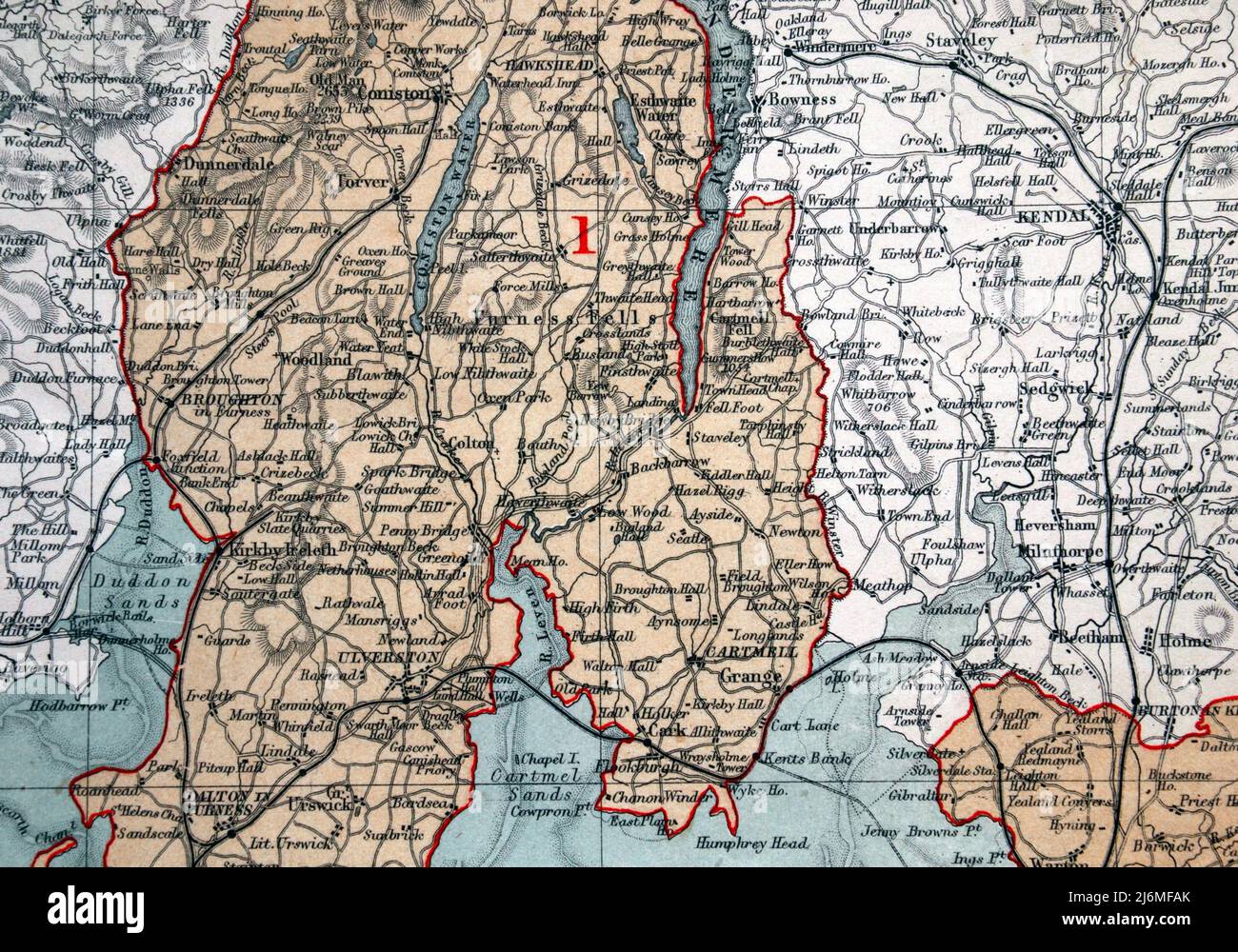Detail from an 1868 Map of the County Palatine of Lancaster, so Lancashire as it was then, From the Ordnance Survey by J. Bartholomew F.R.G.S.; this section including Ulverston, Dalton in Furness, Cartmel, Kendal, Isle of Walney, Hawkshead, Bowness, Lakes, Lake District, Lakeland, Milnthorpe, Cark, Dalton in Furness, Broughton in Furness, Dunnerdale, Duddon Sands Stock Photo