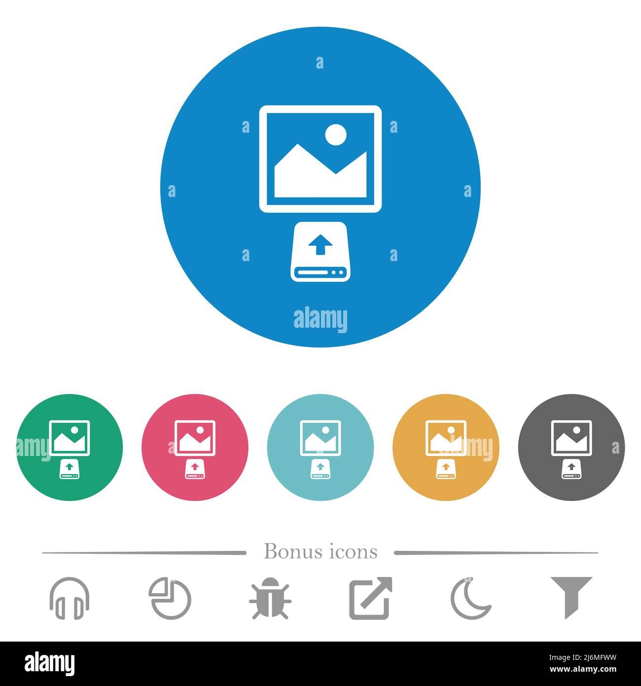 Upload image from hard disk flat white icons on round color backgrounds ...